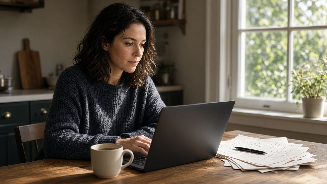 Novelist working at a laptop with handwritten notes and coffee
