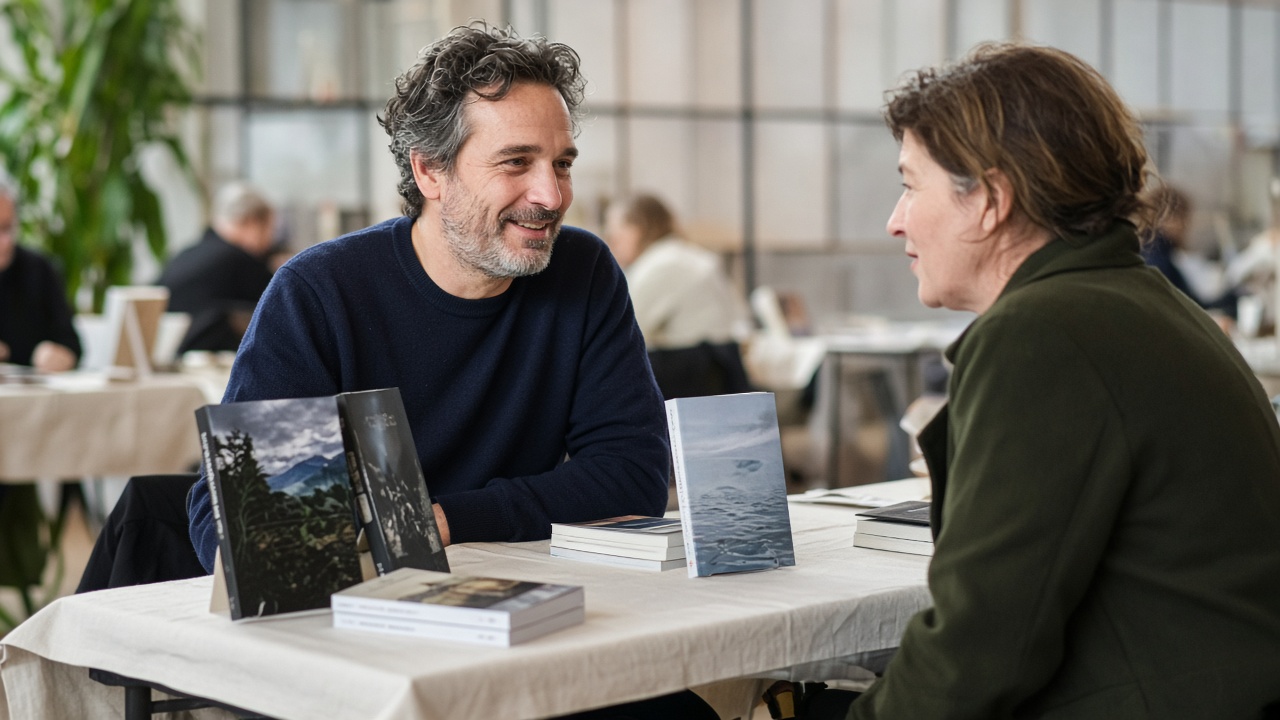Author talking with a reader at a small book table