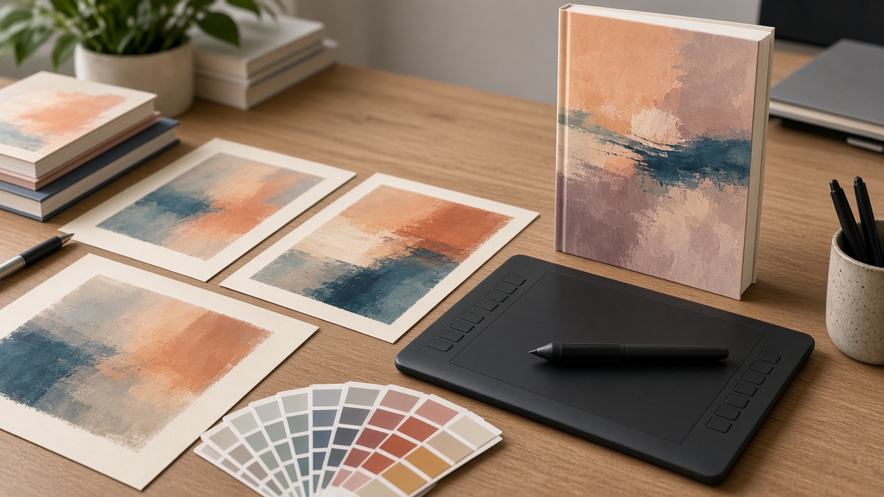 Book cover mockups and color swatches on a design desk