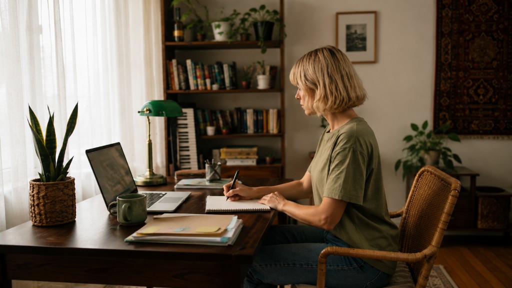 Author writing by hand at a sunlit desk with notebook and laptop
