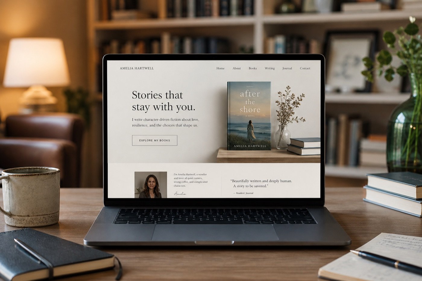 Author portfolio website displayed on a laptop in a warm writing studio